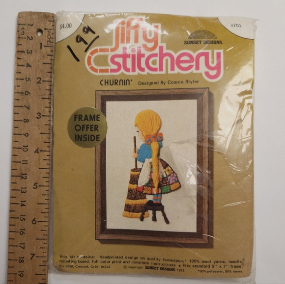 Jiffy Stitchery Crewel Embroidery Kit Churnin' 5x7 Vintage 70s Patchwork Girl - Picture 6 of 7